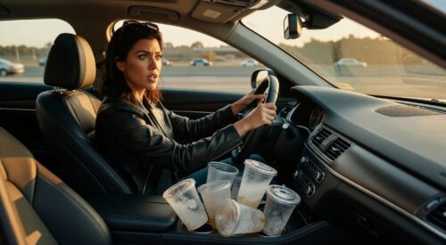 Seven iced teas. That's what it took for Kourtney Kardashian to pee in her car on the freeway, toss her underwear in the trash, and then just... show up for her shift at the store like nothing happened. And honestly? I kind of respect it.